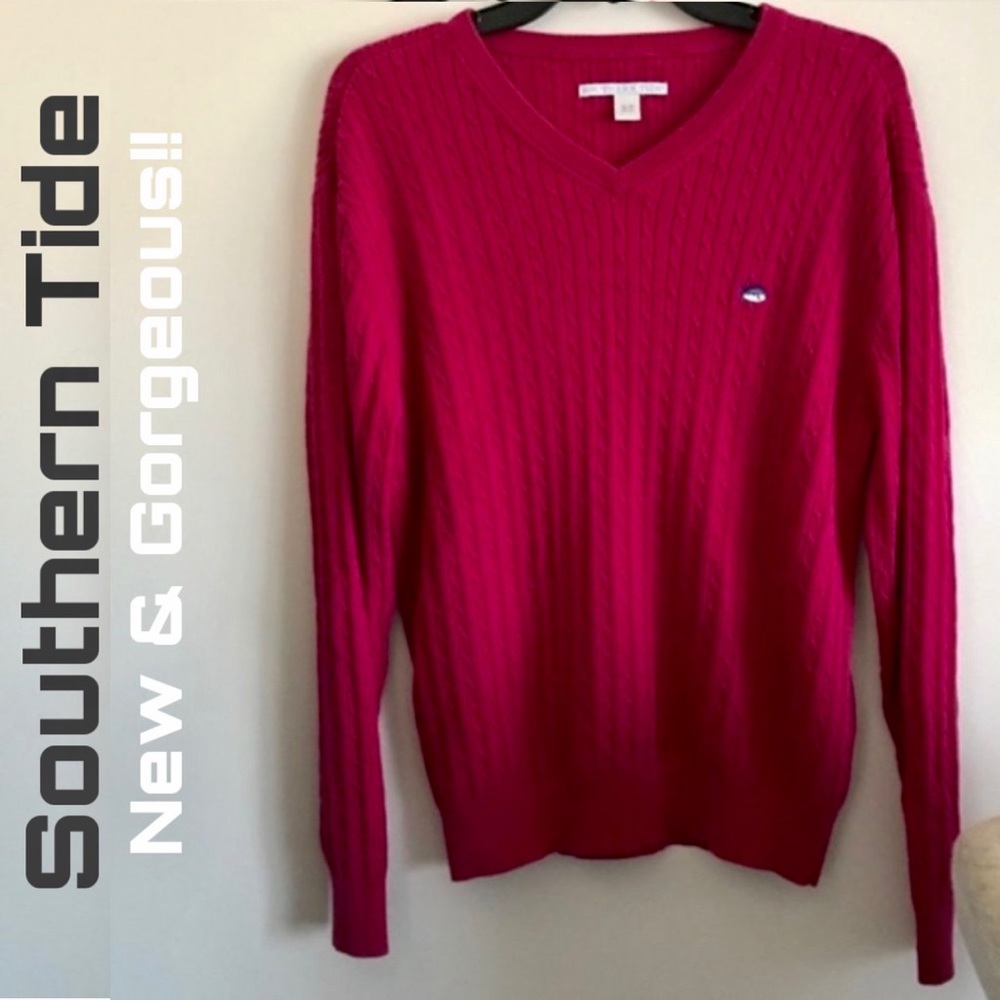 Southern Tide Raspberry Cotton Top V-Neck Cable Top Small to Medium NEW pink